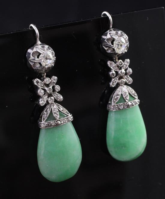 An attractive pair of white gold, jadeite and diamond drop earrings, 1.5in.